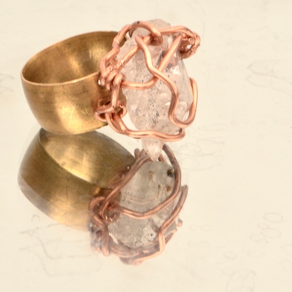 CUSTOM Genuine Herkimer Diamond Quartz Brass Solid Copper Ring Rustic Reiki OOAK - Picture 3 of 7